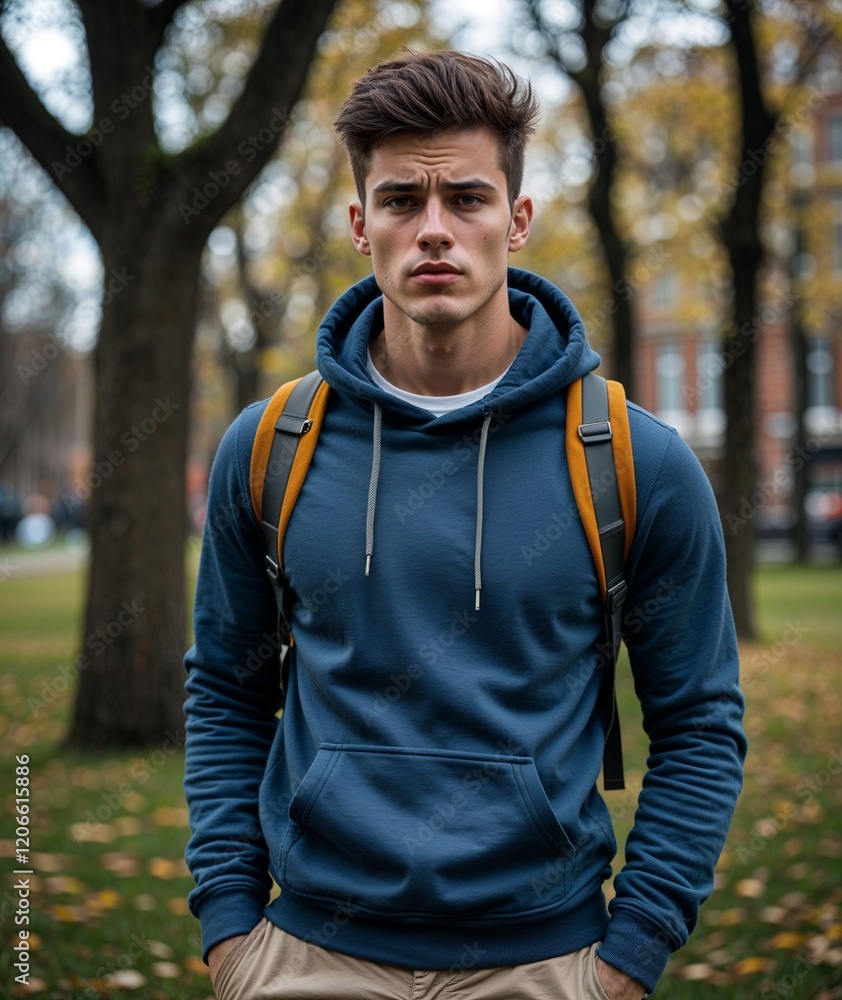 Obraz premium Young man of Belgian nationality in hoodie and trousers with smiling portrait photo mountain background