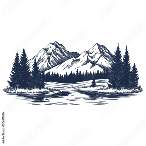 Landscape with mountains illustration nature trees vector
