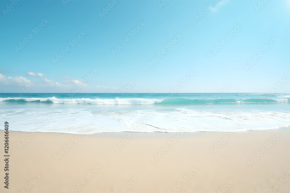 Obraz premium Panorama of a beautiful white sand beach. Holiday summer beach background. Wave of the sea on the sand beach.
