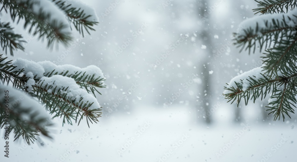 A serene winter scene featuring snow-covered pine branches framing the image A serene winter scene featuring snow-covered pine branches framing the image