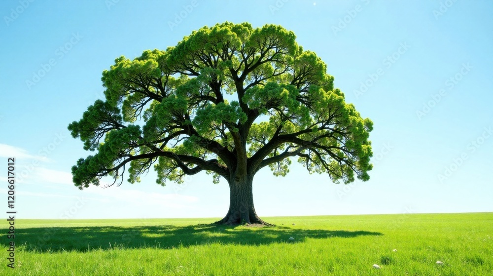 Obraz premium Majestic Oak Tree in a Verdant Meadow Under a Clear Sky