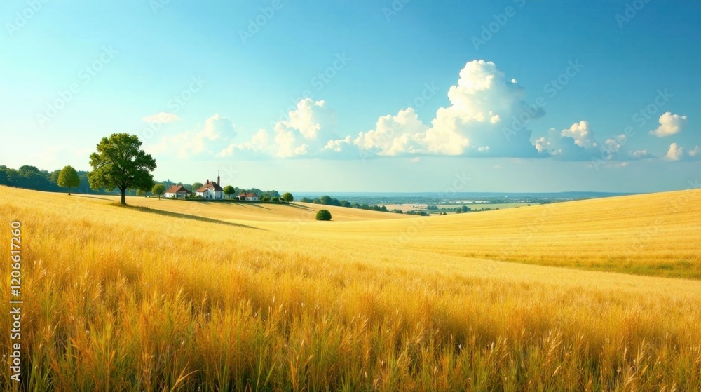 Obraz premium Serene Summer Landscape Featuring Golden Wheat Field, Rolling Hills, and a Picturesque Farmhouse Under a Vast Blue Sky with Puffy White Clouds