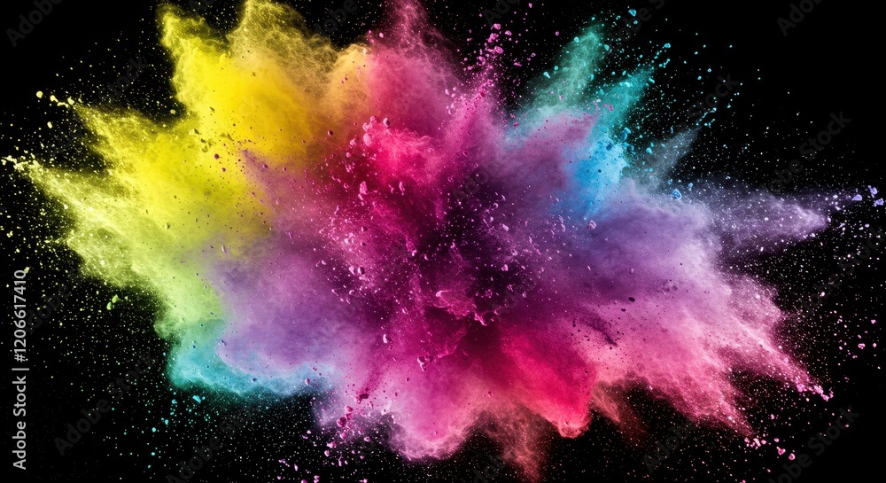 Fototapeta premium An explosion of colorful powder in mid-air, featuring vibrant hues like yellow, green, blue, purple and pink