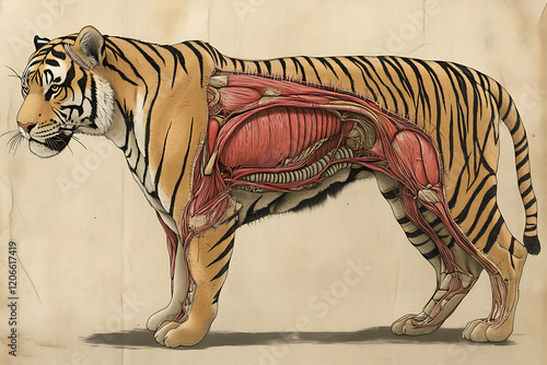 Anatomical illustration of a tiger showcasing internal muscles and organs against a vintage background photo