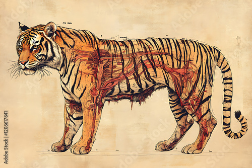 Anatomical Illustration of a Tiger Displaying Internal Structure with Educational Purpose photo