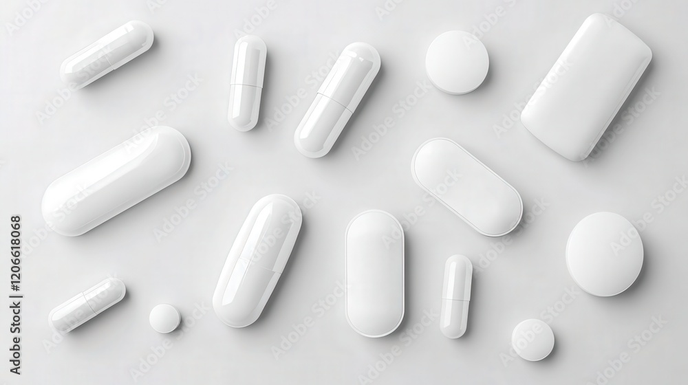 White Pills Capsules And Tablets Scattered On White Background White Pills Capsules And Tablets Scattered On White Background