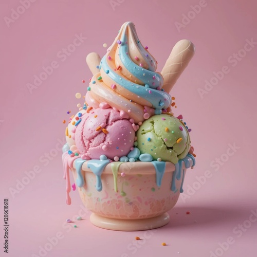 Claymorphism 3D Ice Cream Illustration With a Vibrant Shiny Style Using Bright Pastel Colors On The Background photo