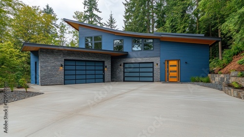 Modern Home with Blue Siding and a Concrete Driveway