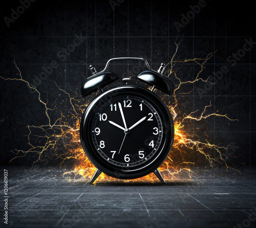 An explosive representation of time, this black alarm clock surrounded by electric sparks symbolizes urgency and the relentless march of time, inspiring action and motivation.