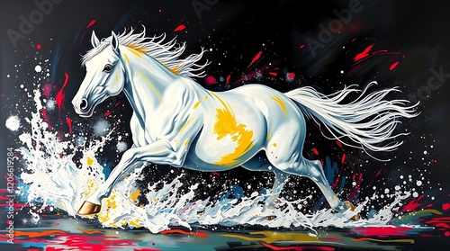 White horse galloping through vibrant water splashes. photo