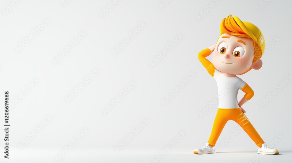 3d stretching sportswear cartoon character concept. 3D animated boy with a confident pose, wearing a yellow cap and orange pants. 3d stretching sportswear cartoon character concept. 3D animated boy with a confident pose, wearing a yellow cap and orange pants.