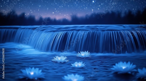 Tranquil Night Oasis: Waterfall Streaming into Serene Pool under Starry Sky with Calm Ripples
