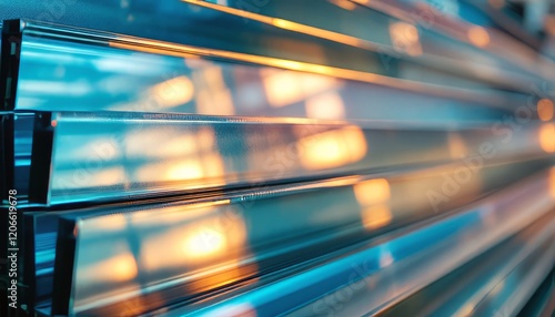 Glass Texture: Abstract shot of layered glass panes with subtle reflections, creating an interplay of light and shadow. The cool blue and warm yellow hues evoke a sense of serenity and tranquility. photo