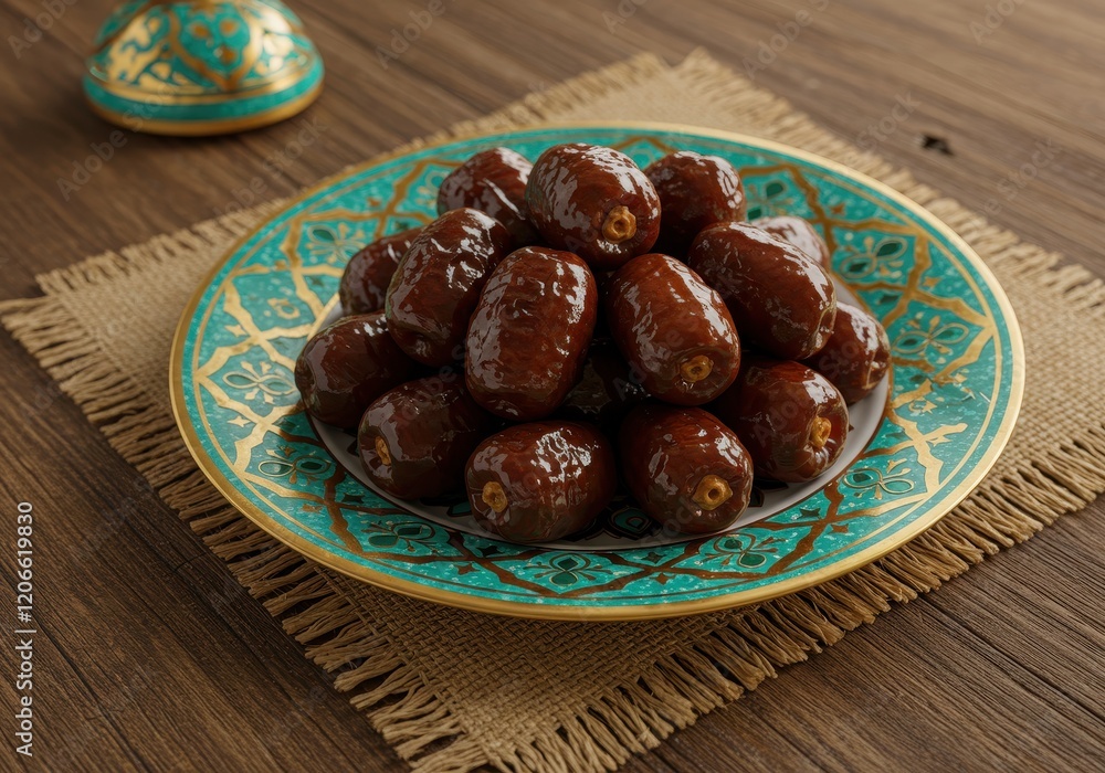 A decorative plate filled with glossy, rich dates placed on a rustic wooden table A decorative plate filled with glossy, rich dates placed on a rustic wooden table