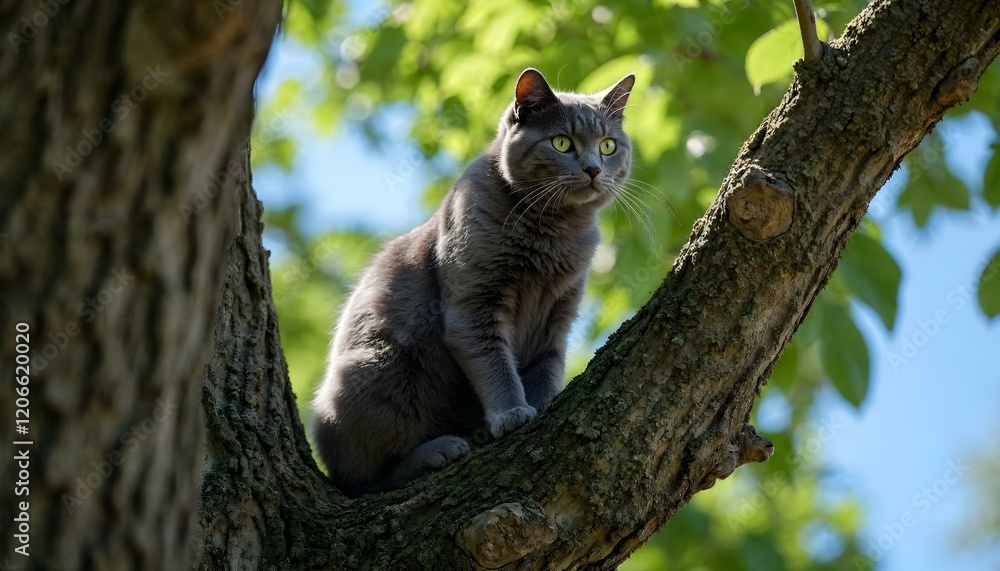 Gray Cat Sitting in Tree Outdoors Sunny Day Gray Cat Sitting in Tree Outdoors Sunny Day