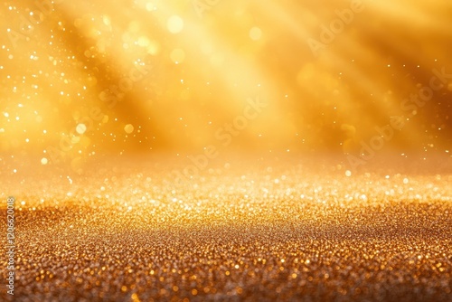 Golden glitter background with bokeh. Ideal for celebratory designs, adding a luxurious and festive touch.