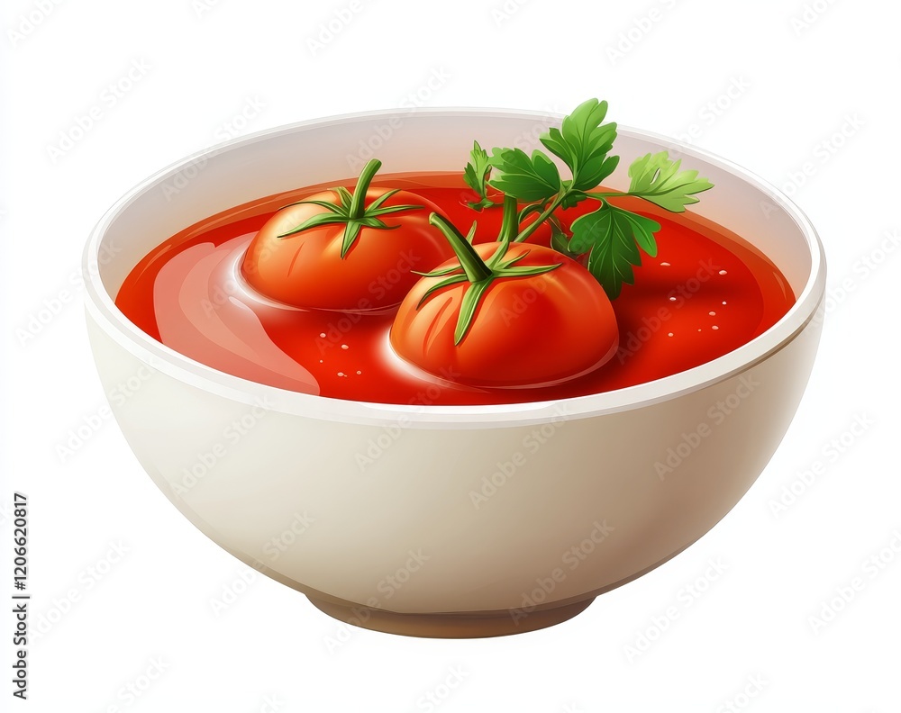 Bowl of tomato soup with two tomatoes and parsley.