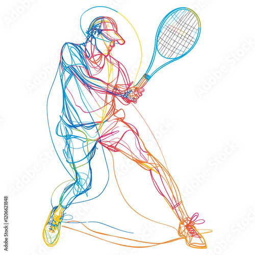 Line drawing a tennis player art colorful sports vector