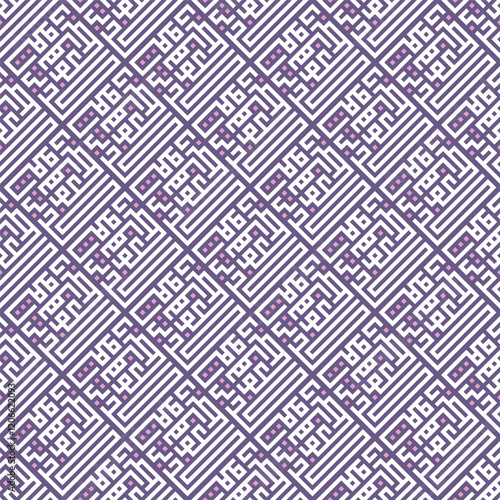 Seamless Pattern kufic square arabic calligraphy of a verse from chapter As-Syams from the Quran. Simple modern background texture. Repeat geo design