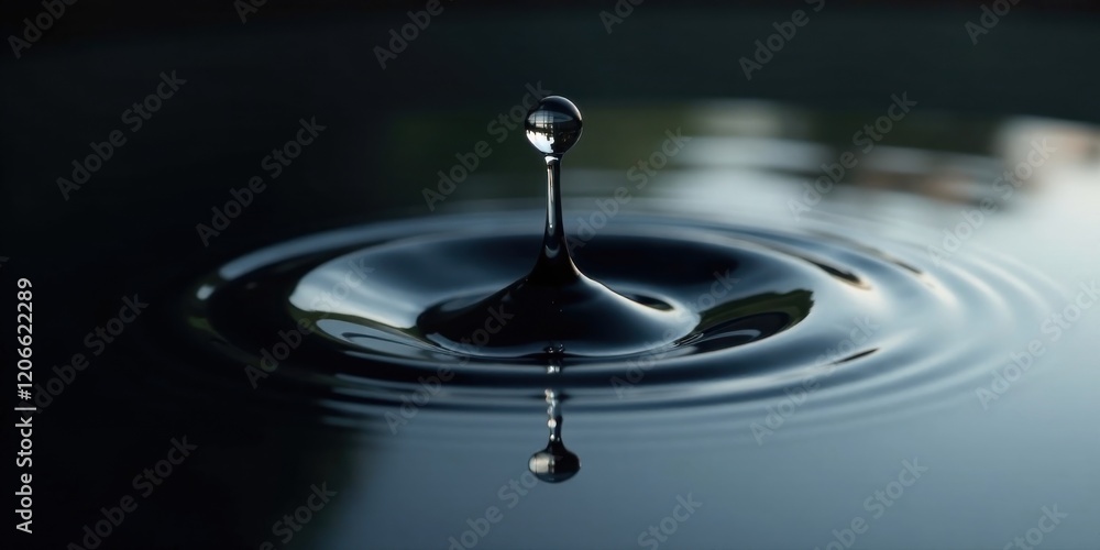 A single droplet of water impacting a dark still surface creates concentric ripples, reflecting the sky above