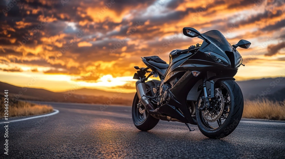 Obraz premium Sunset Ride: A Black Sportbike on an Open Road