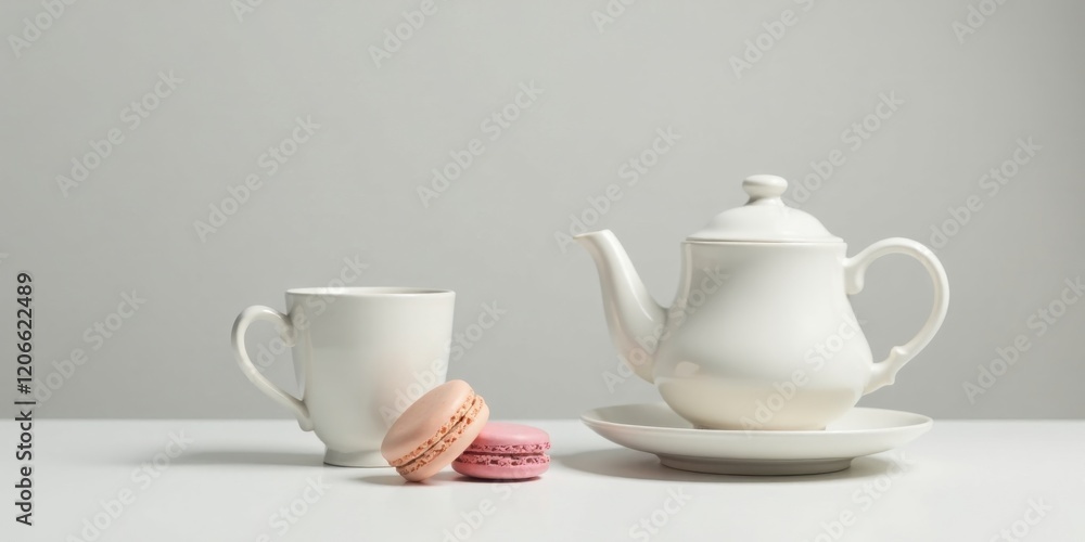 A serene tableau of minimalist white teaware and delicate pastel macarons, suggesting tranquility and a moment of peaceful indulgence A serene tableau of minimalist white teaware and delicate pastel macarons, suggesting tranquility and a moment of peaceful indulgence
