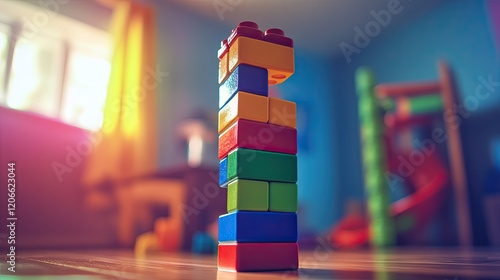 Vibrant Block Tower Teetering in a Colorful Playroom Environment