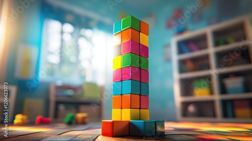 Vibrant Block Tower Teetering in a Colorful Indoor Space