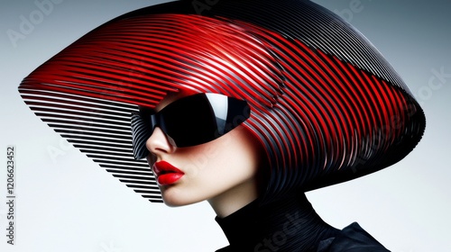 Bold fashion statement featuring avant-garde headwear and sunglasses in a striking modern photograph
