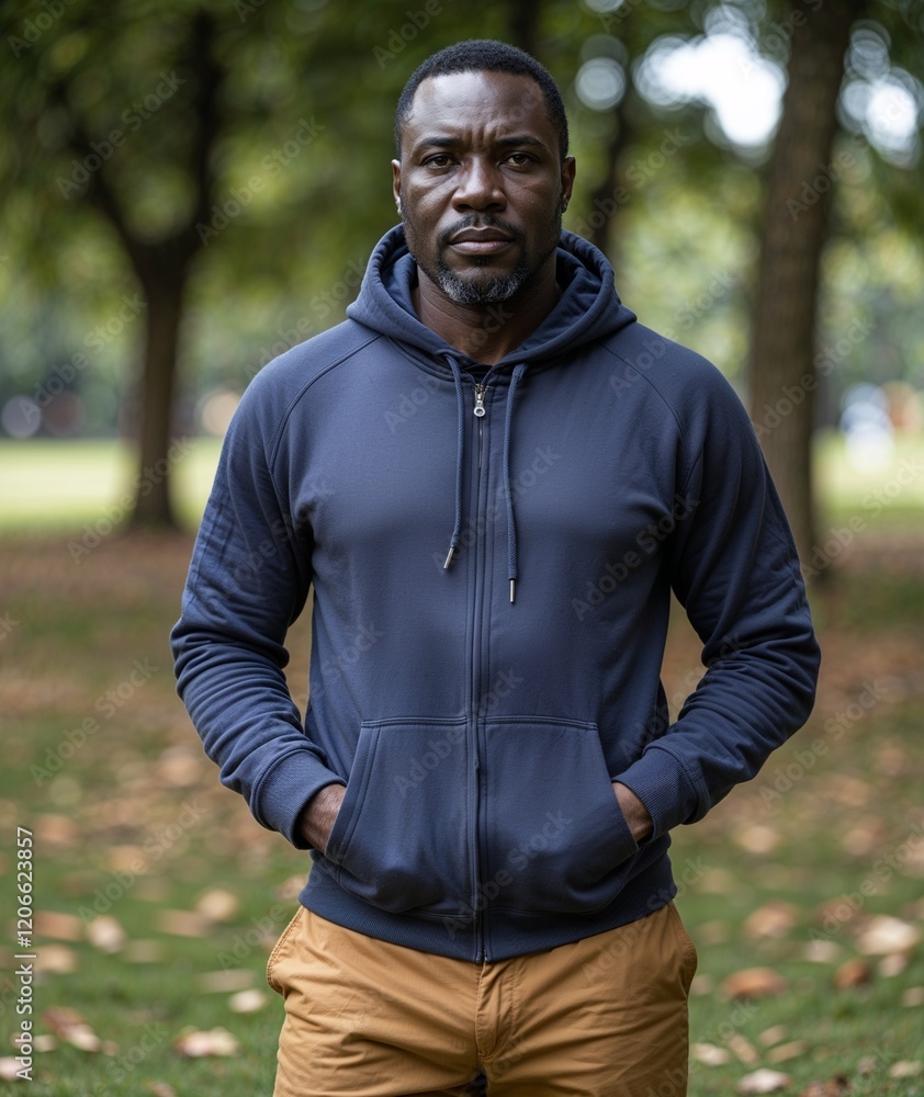 Obraz premium Adult man of Ghanaian nationality in hoodie and trousers with neutral expression portrait photo park background