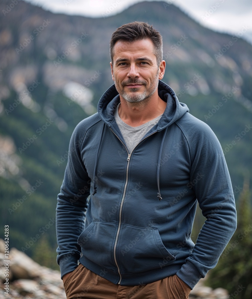 Adult man of Romanian nationality in hoodie and trousers with relaxed pose portrait photo mountain background Adult man of Romanian nationality in hoodie and trousers with relaxed pose portrait photo mountain background
