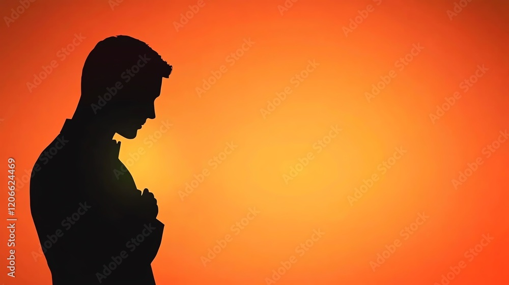A silhouette of a man standing against a vibrant orange sunset, evoking feelings of contemplation and introspection. A silhouette of a man standing against a vibrant orange sunset, evoking feelings of contemplation and introspection.