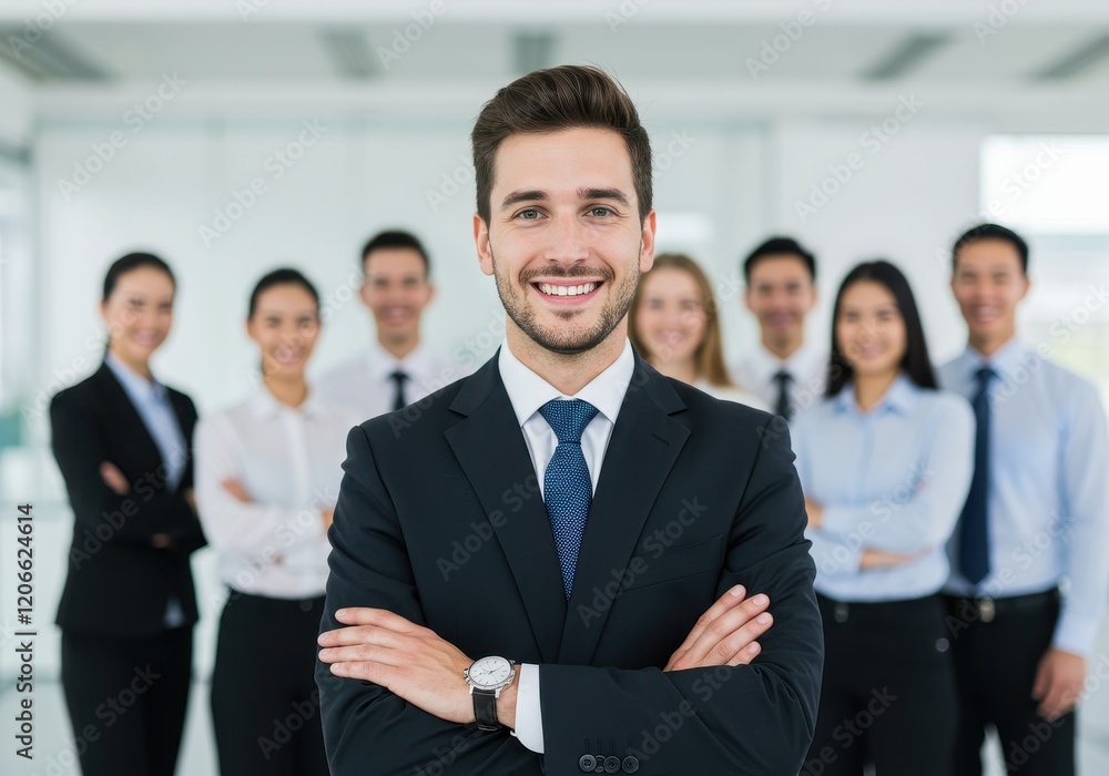 A confident businessman standing in the foreground with his arms crossed, smiling, while a diverse group of professionals stands behind him A confident businessman standing in the foreground with his arms crossed, smiling, while a diverse group of professionals stands behind him