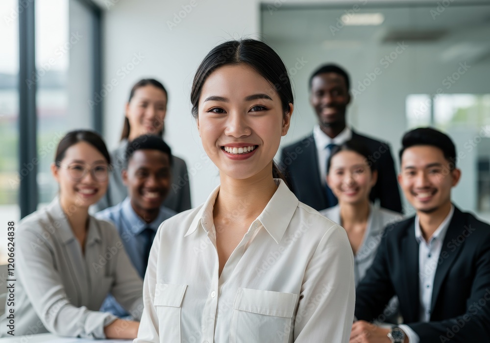 A diverse group of professionals smiling at the camera in a modern office setting A diverse group of professionals smiling at the camera in a modern office setting