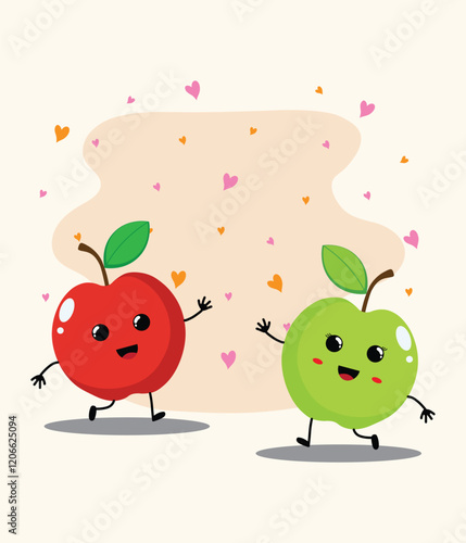 Two adorable apple characters, each with a cheerful expression, are joyfully dancing amidst a flurry of hearts