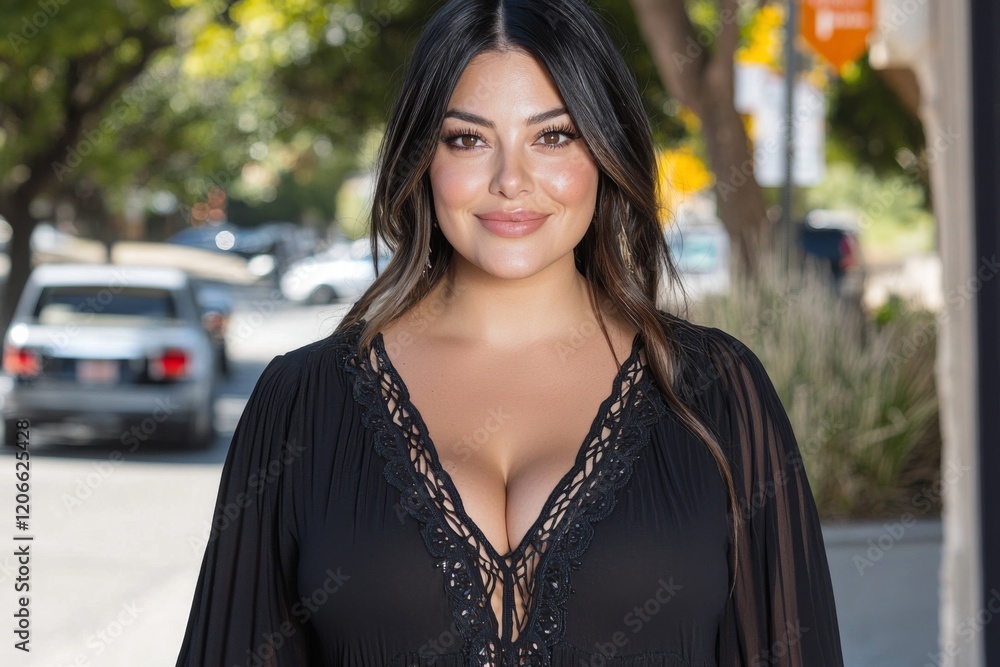 Smiling woman in a black dress stands confidently on a sunny street surrounded by greenery Smiling woman in a black dress stands confidently on a sunny street surrounded by greenery