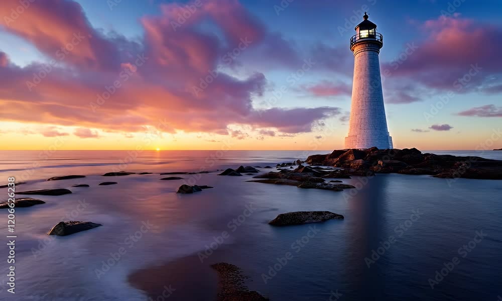 Coastal Lighthouse Sunset Seascape, Dramatic Sky Coastal Lighthouse Sunset Seascape, Dramatic Sky
