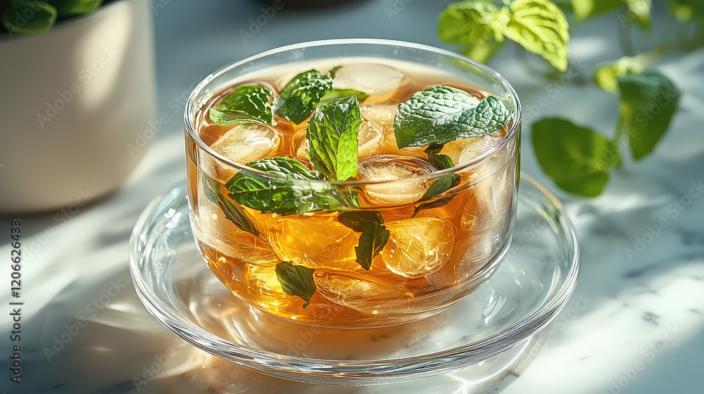 Refreshing iced tea with mint leaves and ice cubes in a glass cup on a marble surface, sunlit. Refreshing iced tea with mint leaves and ice cubes in a glass cup on a marble surface, sunlit.