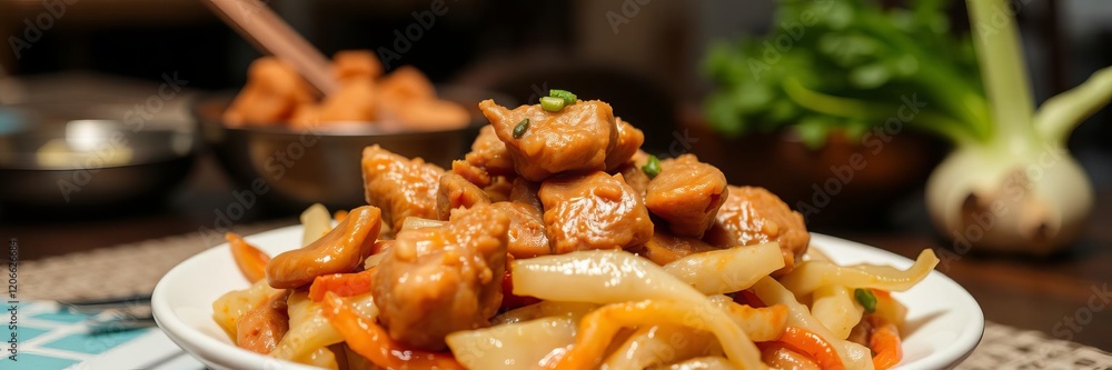 Close-up of a plate of mouthwatering Chinese food, featuring crispy fried pork with tangy pickled cabbage, appetizing, food photography, gourmet Close-up of a plate of mouthwatering Chinese food, featuring crispy fried pork with tangy pickled cabbage, appetizing, food photography, gourmet
