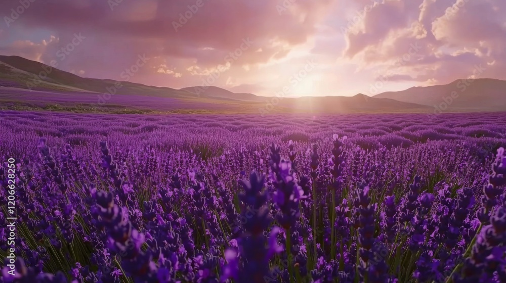 Obraz premium Expansive Lavender Field Under Sunlit Sky with Colorful Clouds at Dusk Surrounded by Lush Green Mountains in the Distance