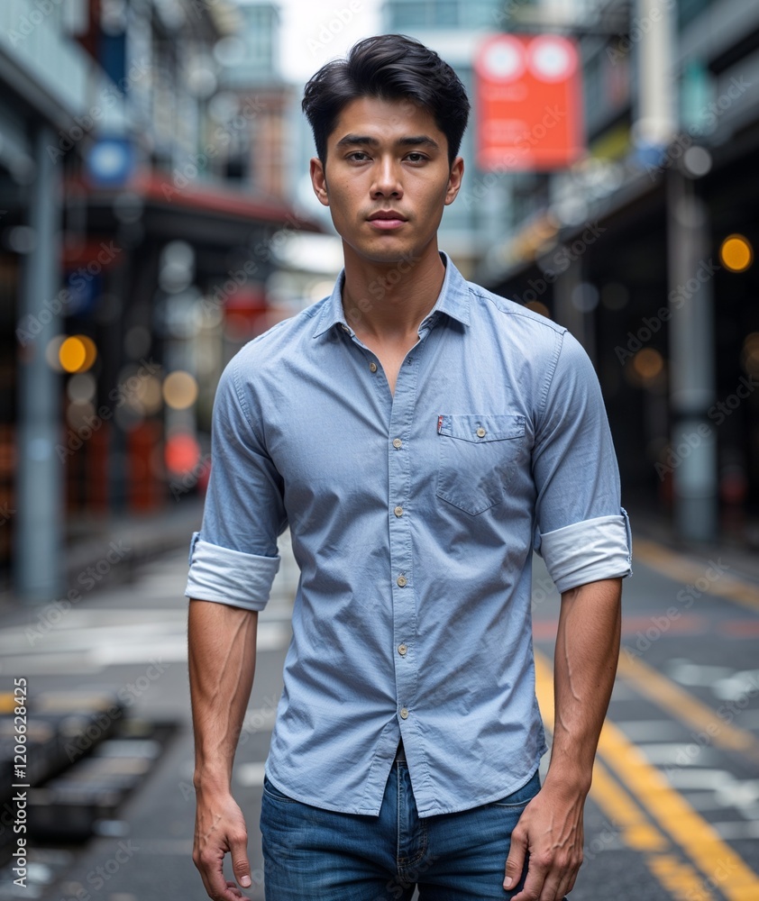 Fototapeta premium Young man of Singaporean nationality in casual shirt and jeans with focused portrait photo urban street background