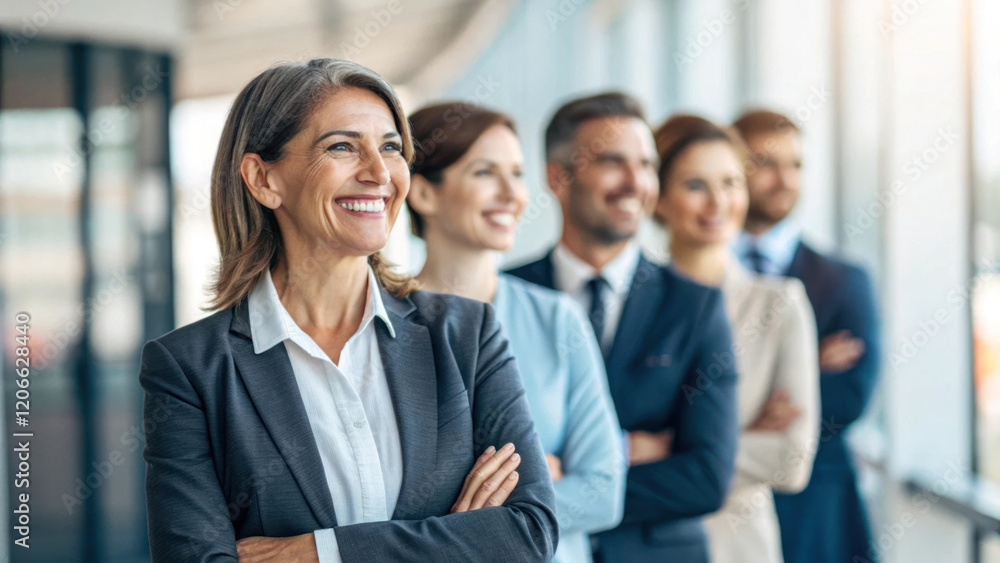 Business team standing confidently in modern office environment, showcasing teamwork and professionalism Business team standing confidently in modern office environment, showcasing teamwork and professionalism