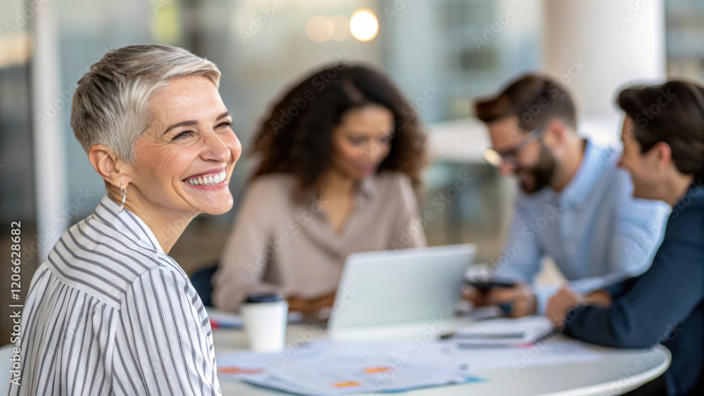 Smiling woman in office with colleagues, teamwork and collaboration Smiling woman in office with colleagues, teamwork and collaboration