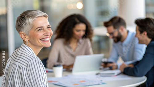 Smiling woman in office with colleagues, teamwork and collaboration