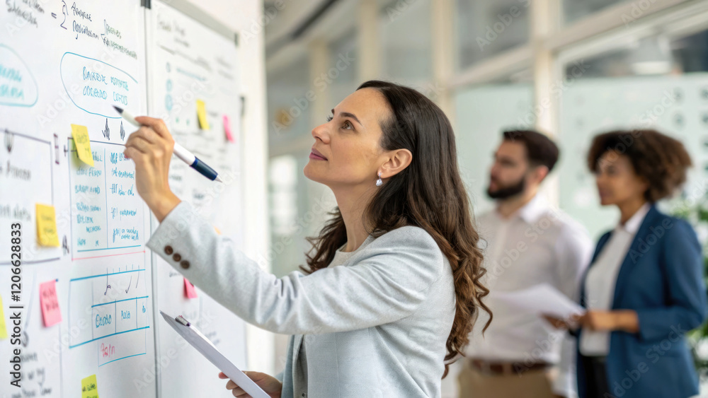Efficient business meeting with woman presenting ideas on whiteboard Efficient business meeting with woman presenting ideas on whiteboard