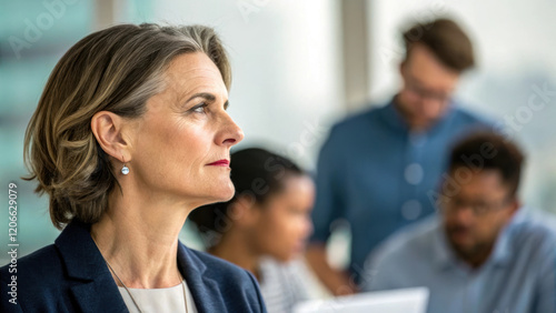 Professional woman in office setting, focused and confident photo