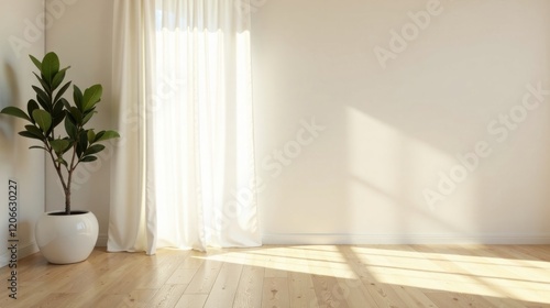 Serene Minimalist Room Interior Design with Sunlight Streaming Through Sheer Curtains and a Potted Plant