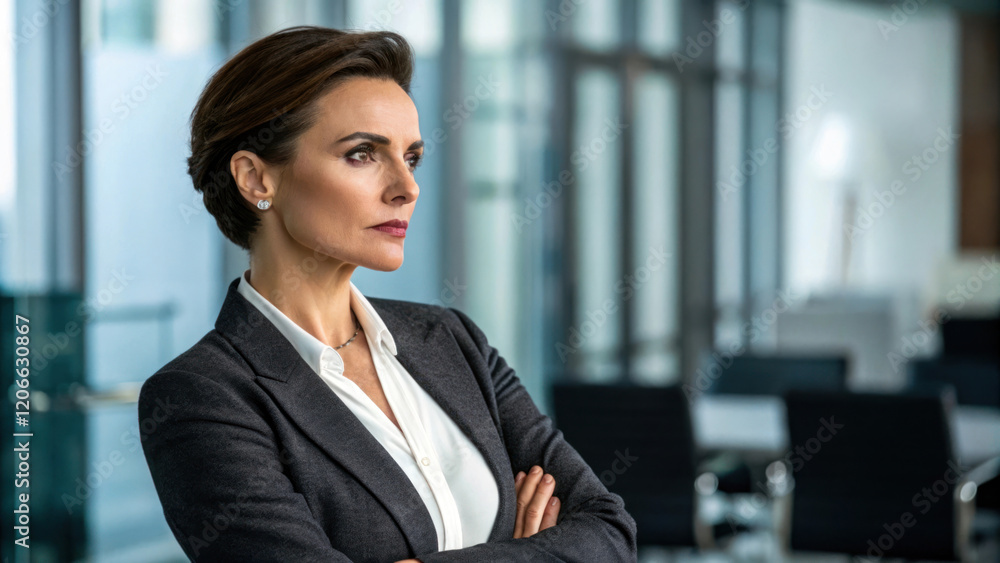 confident businesswoman in modern office setting, showcasing determination and professionalism confident businesswoman in modern office setting, showcasing determination and professionalism