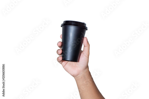 Hand holding black paper cup over white background. Reusable plastic cup for drink. Drink cup mockup