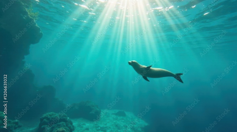 Fototapeta premium Serene underwater scene featuring a graceful sea lion swimming through sunlit ocean depths